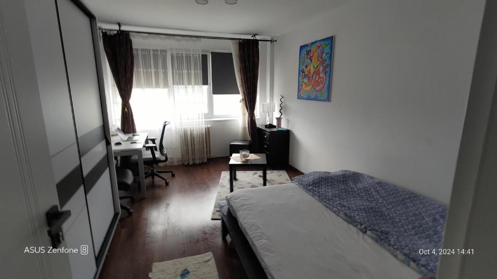 a bedroom with a bed and a desk and a window at Studio Leo in Iaşi