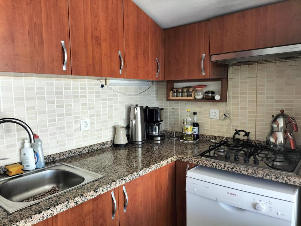 a kitchen with wooden cabinets and a sink and a stove at The Rooftop Urla in Urla
