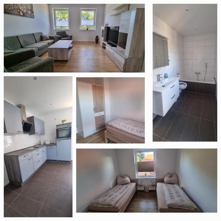a collage of photos of a kitchen and a living room at FeWo mit 2 Schlafzimmern, WLAN und Waschtrockner in Weißenfels nahe Leuna, Leipzig in Weißenfels