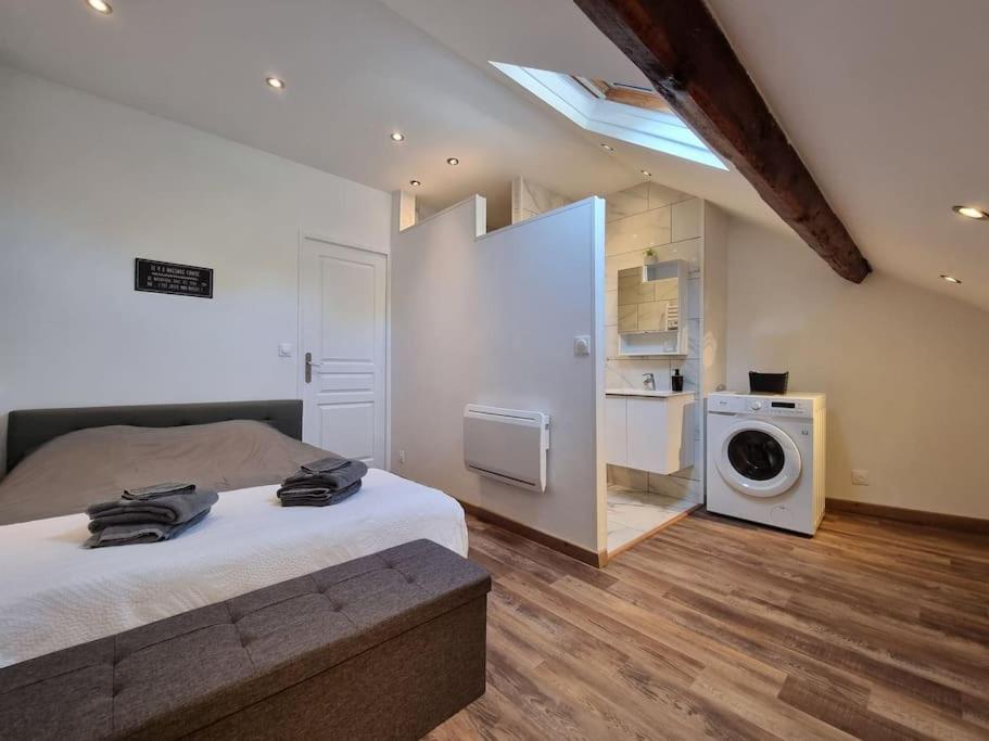 a bedroom with a bed and a washing machine at Elégance Provinoise aux pieds des remparts Classé in Provins
