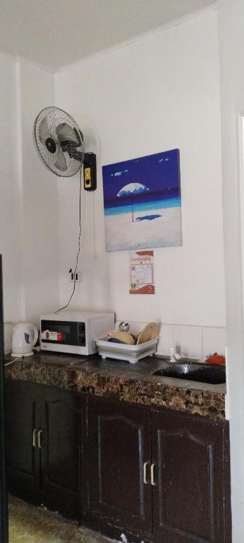 a kitchen counter with a microwave and a picture on the wall at Le Cadeau transient house in Santa Rosa