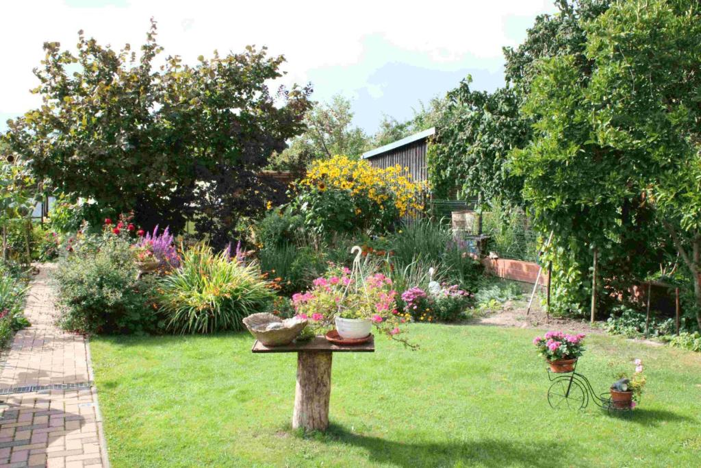 a garden with a table with flowers in the grass at Ferienwohnung Eva-Maria Schmidt in Güstrow