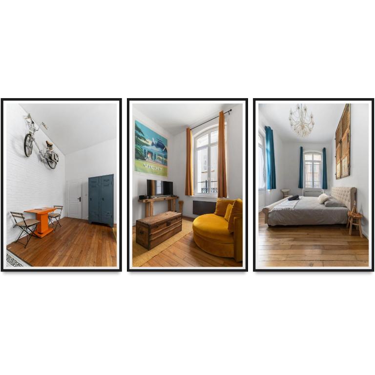 4 photos d'une chambre avec un lit et un salon dans l'établissement Le Plaisance - Appartement de Standing proche Opéra et Parcs, à Vichy