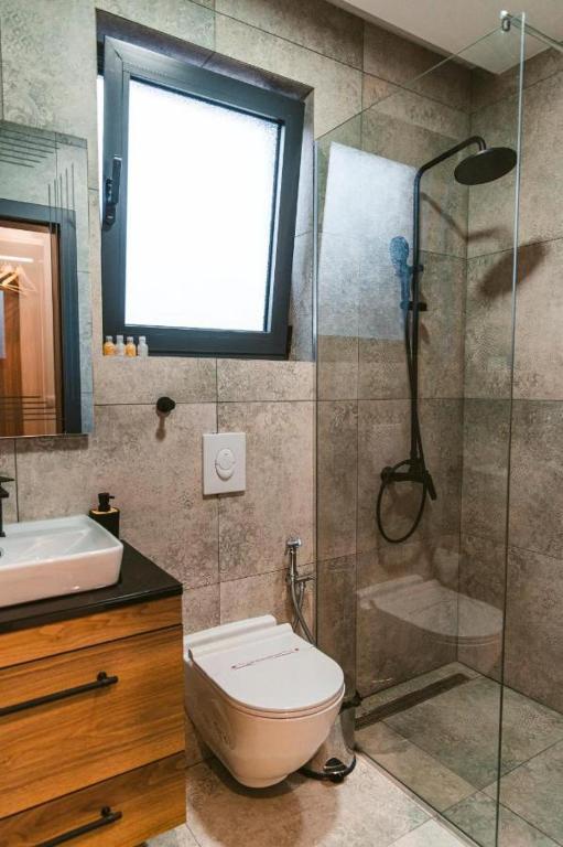 a bathroom with a shower and a toilet and a sink at CAROLEA VILLAS in Ulcinj