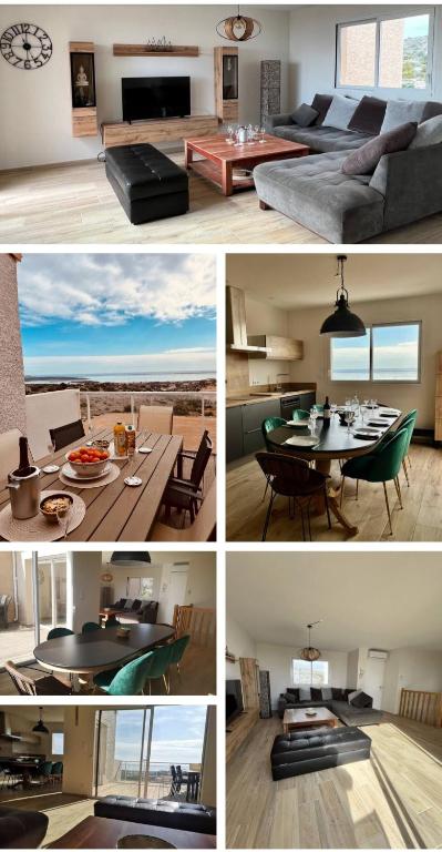 un collage de photos d'un salon et d'une salle à manger dans l'établissement Villa Karma, à Fitou