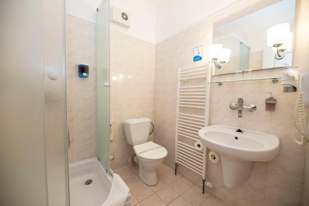 łazienka z toaletą, umywalką i prysznicem w obiekcie Hotel Bohemia we Franciszkowych Łaźniach
