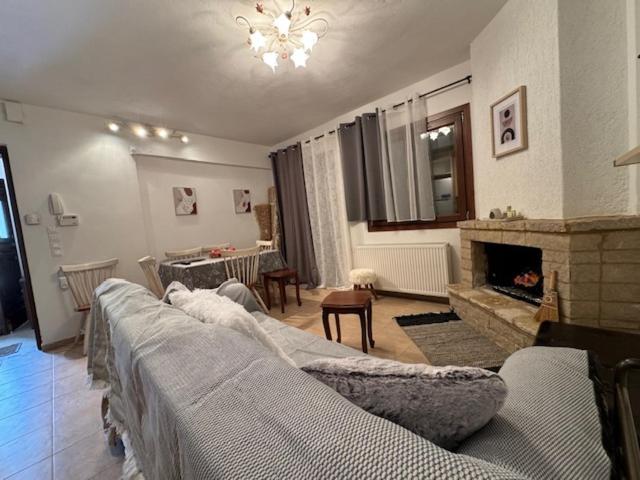 een woonkamer met een bank en een open haard bij Αύρα House in Arachova