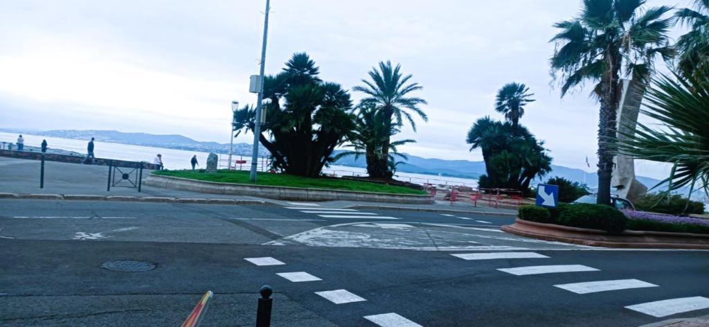 Une rue vide avec des palmiers à côté de l'océan dans l'établissement Le Concorde, à Saint-Raphaël