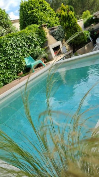 une piscine bleue avec une chaise et des buissons dans l'établissement Villa en Provence, à Pernes-les-Fontaines