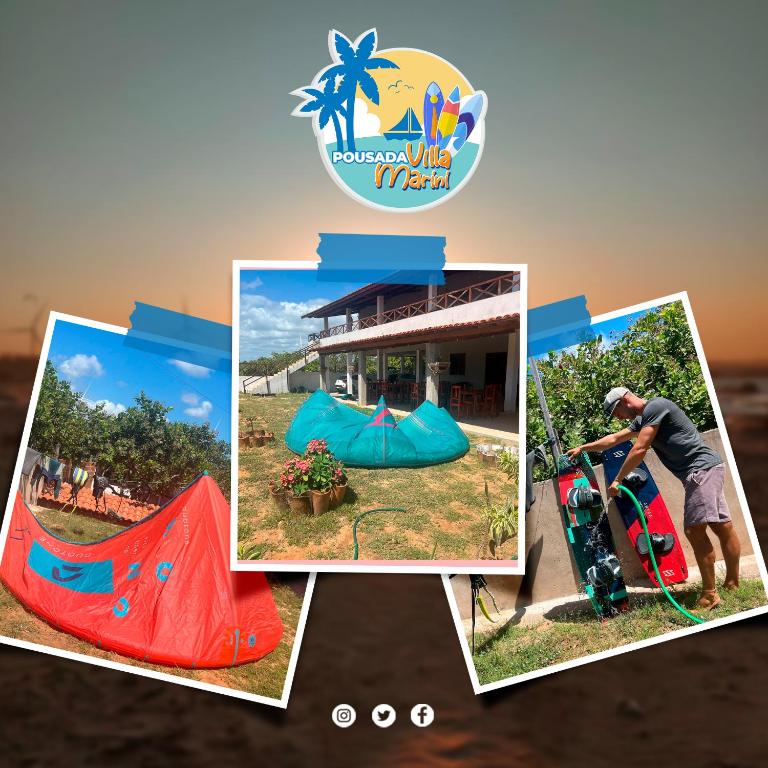 a collage of photos of a man playing with a inflatable at Pousada Villa Marini in Itarema