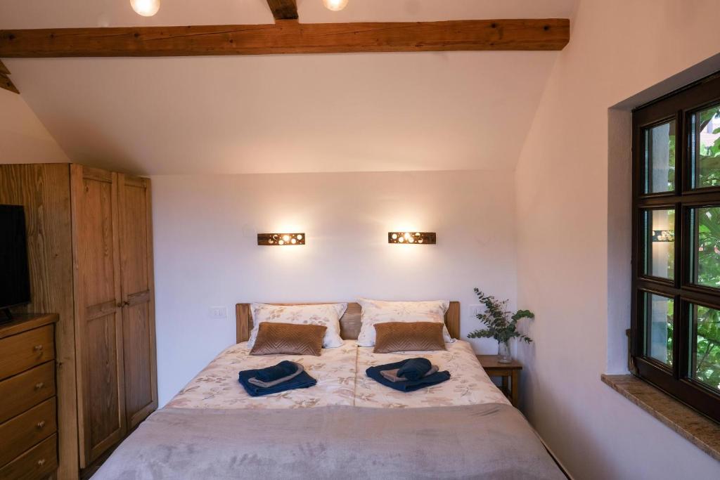 una camera da letto con un letto con due cuscini sopra di Hiška Brajda a Rogaška Slatina