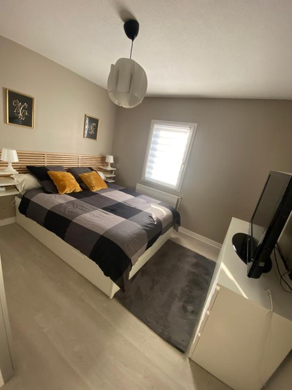 une chambre avec un lit et une télévision dans l'établissement Superbe chambre confortable proche de Vichy et du PAL, à Saint-Rémy-en-Rollat