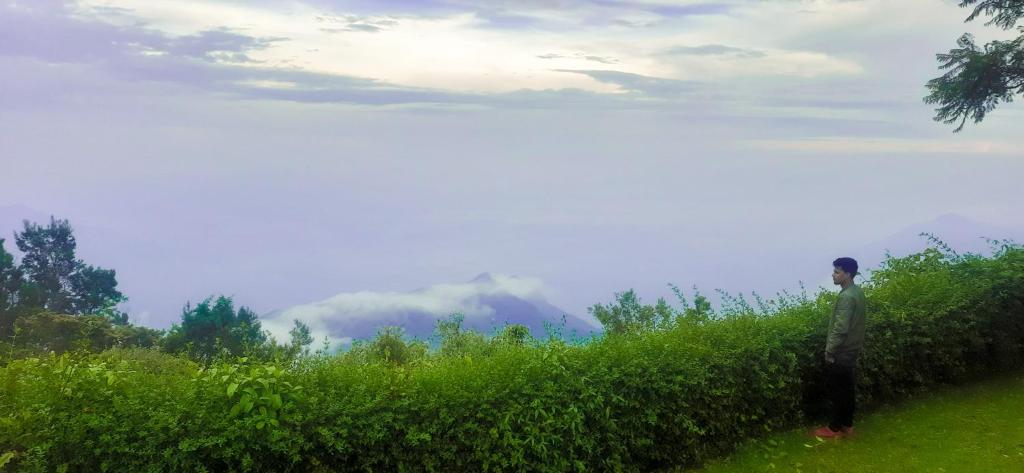 a man standing in a field with a mountain in the background at HappyHuts at Green valley view in Kodaikānāl
