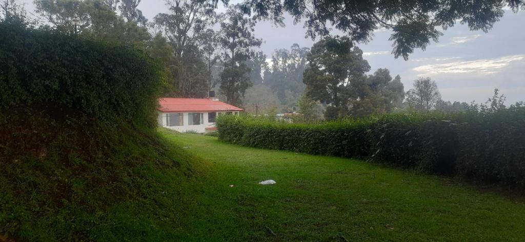 a house in a yard with a hedge and a house at HappyHuts at Green valley view in Kodaikānāl
