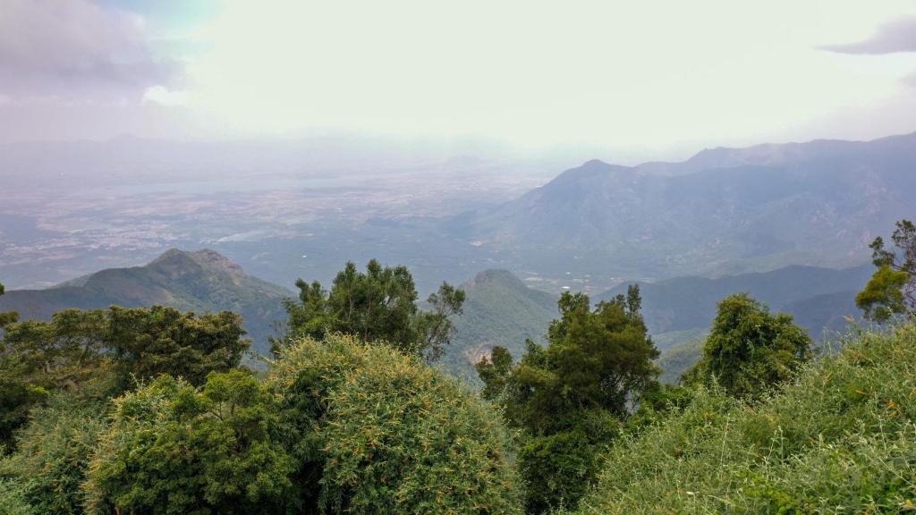 a view of a mountain range with trees in the foreground at HappyHuts at Green valley view in Kodaikānāl