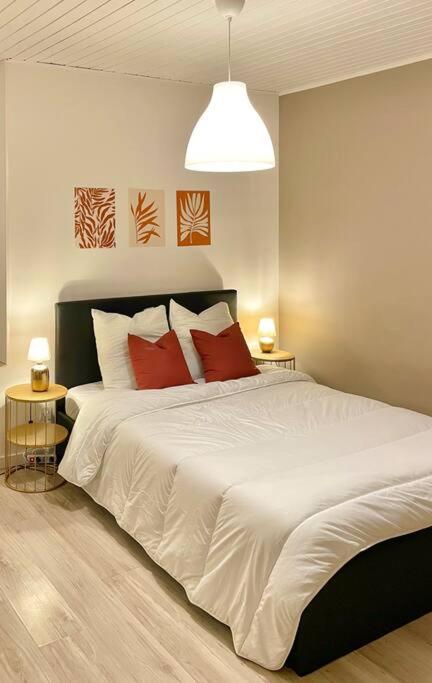 une chambre avec un grand lit blanc avec des oreillers rouges dans l'établissement L'Espoir avec belle vue - Centre de Vienne, à Vienne