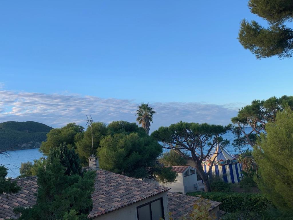 - une vue depuis le toit d'une maison avec un palmier dans l'établissement Superbe T3 moderne front de mer/ 2 Balcons 2 Chmbr, à Saint-Cyr-sur-Mer