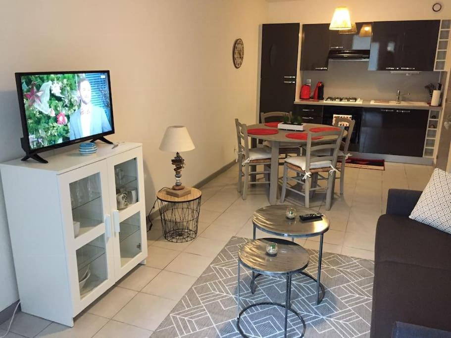 un salon avec un canapé et une télévision et une cuisine dans l'établissement Appartement L Hippocampe, à Granville