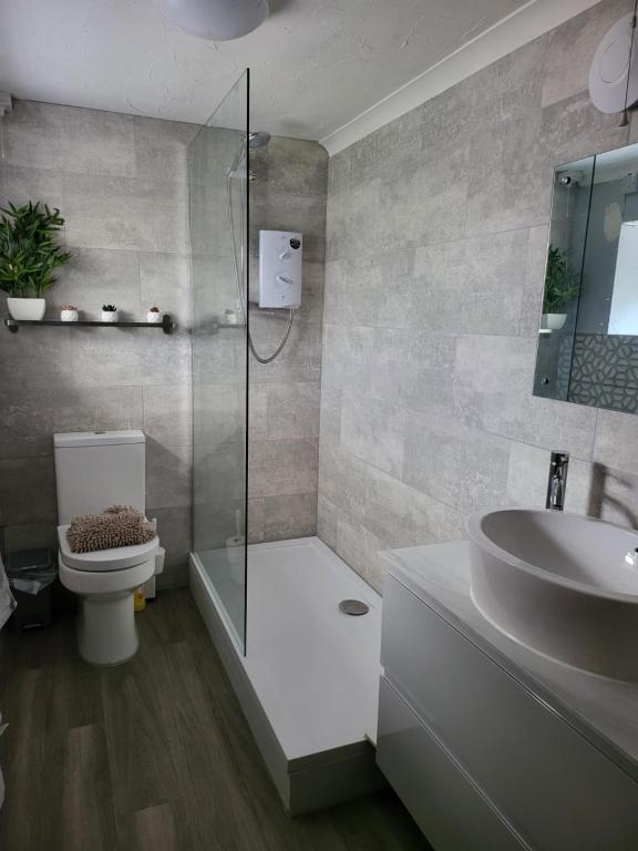 une salle de bain avec toilettes, lavabo et douche dans l'établissement St Just Cottage - Beautiful 3 bed in the heart of St Just with a Fish & Chip Shop, Cafes and 4 local Pubs, à Saint Just