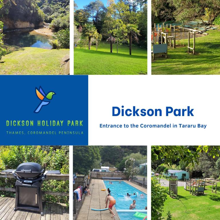 a collage of four pictures of a park at Dickson Holiday Park in Thames