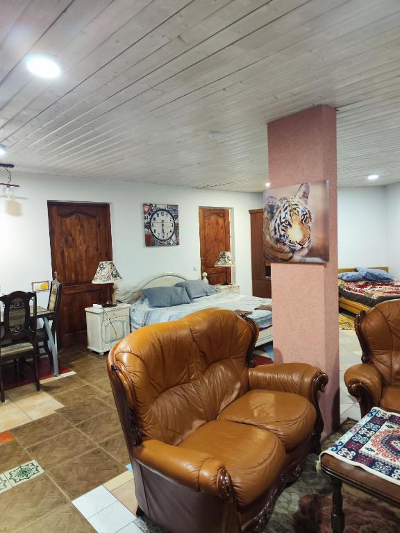 a living room with a leather couch and a bed at HOMESTAY ,,Aurora,, in Vilnius