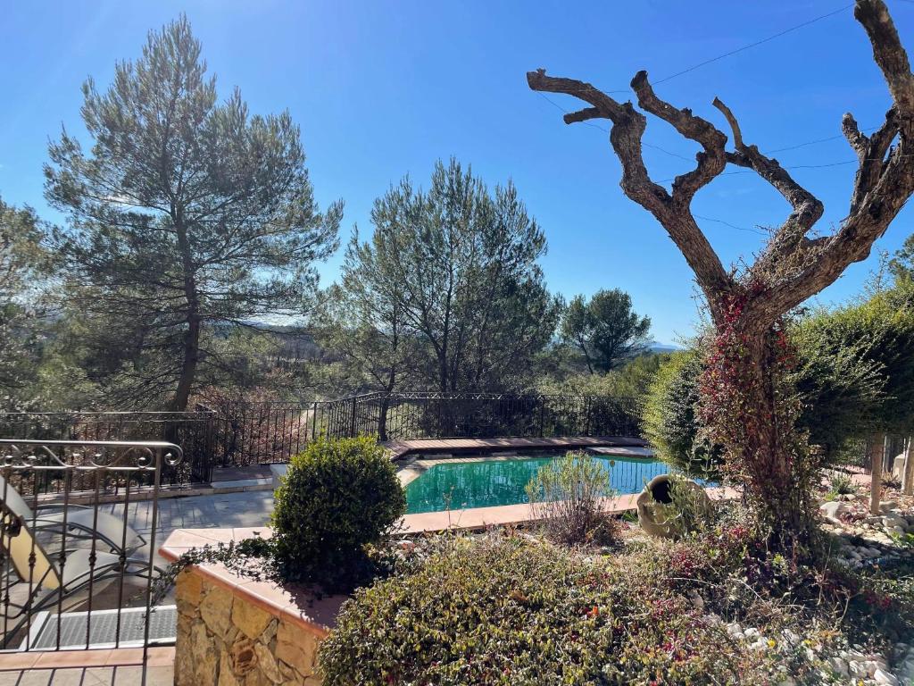 une piscine dans un jardin avec un arbre dans l'établissement Aux IRIS, à Flayosc