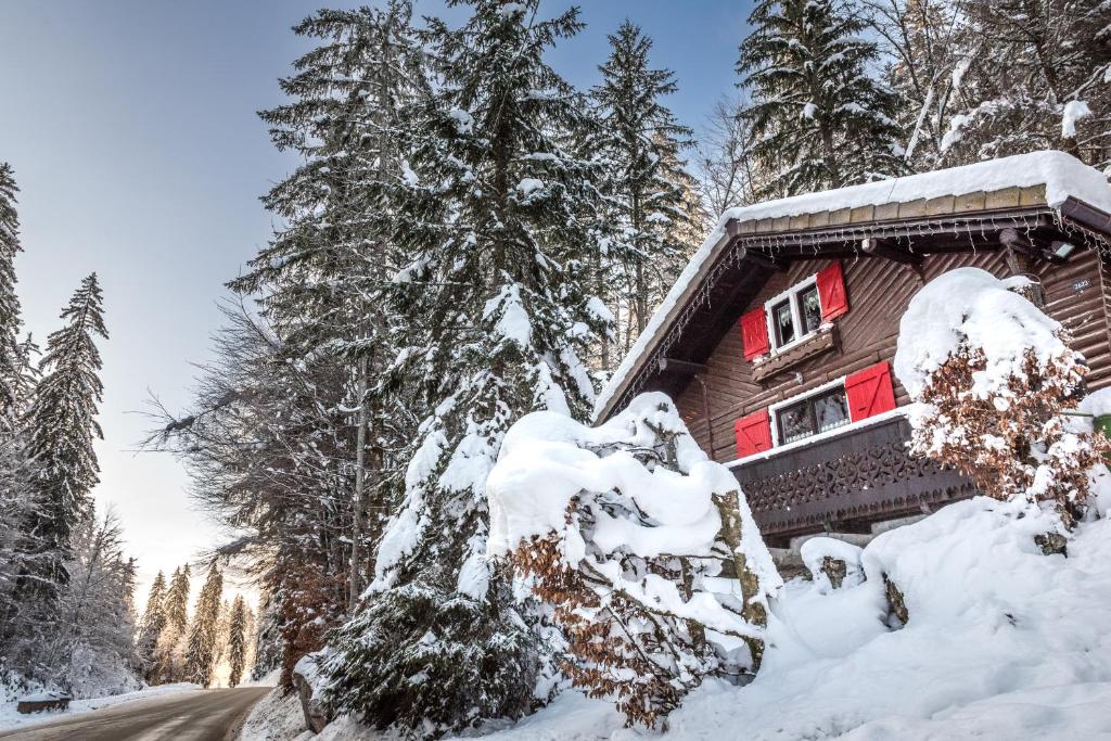 a log cabin covered in snow next to a road at Le Petit Rêve - Lac de Montriond in Montriond