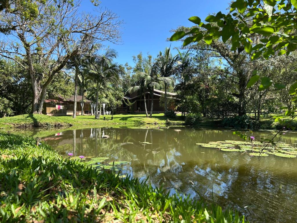 a pond with lily pads in a park at Cabana Du Sítio in Praia Grande