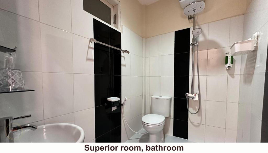 a bathroom with a shower and a toilet and a sink at Zoé’s Paradise Waterfront Hotel in Tuktuk Siadong