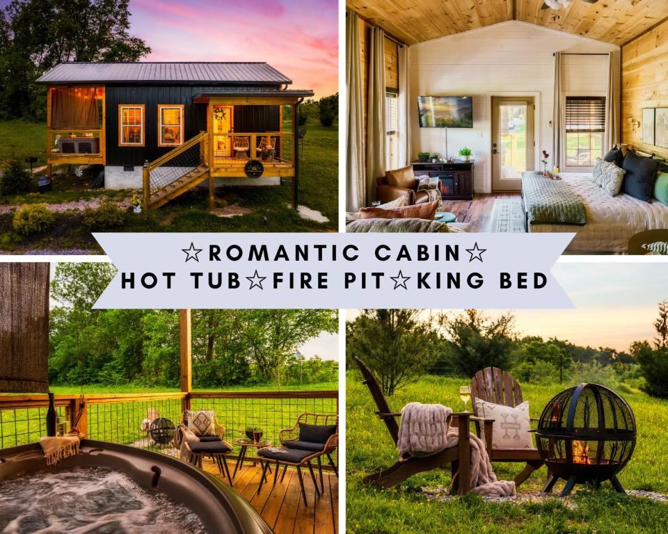 eine Collage von Bildern eines Hinterhofs mit Whirlpool und Feuerstelle in der Unterkunft Romantic Cabin - The Woodland Nook in Sevierville