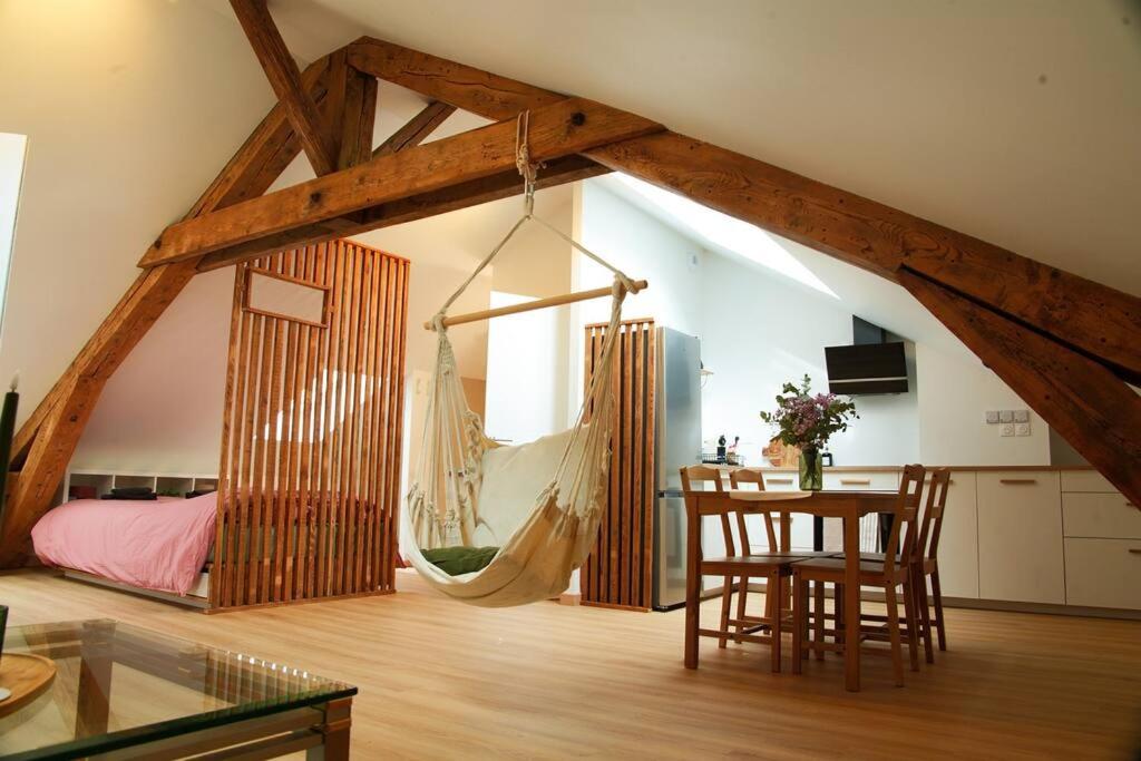 a room with a hammock in a room with a bedroom at Appartement de charme à Nancy in Nancy
