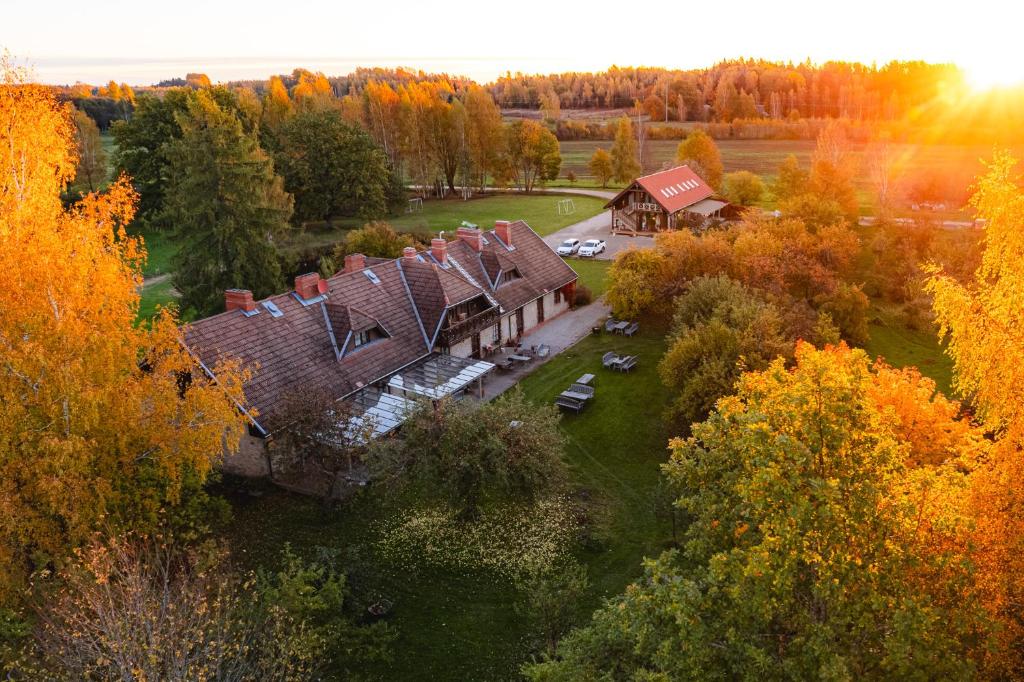 an aerial view of a house in the forest at Karlamuiza Country Hotel in Kārļi