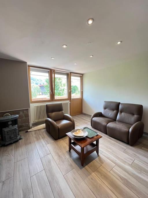 un salon avec deux canapés et une table basse dans l'établissement Gîte du tétras, à Gérardmer