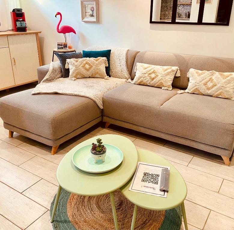 un salon avec un canapé et deux tables dans l'établissement Appartement de 45 m2 en rez-de-villa avec jardin, à Hyères