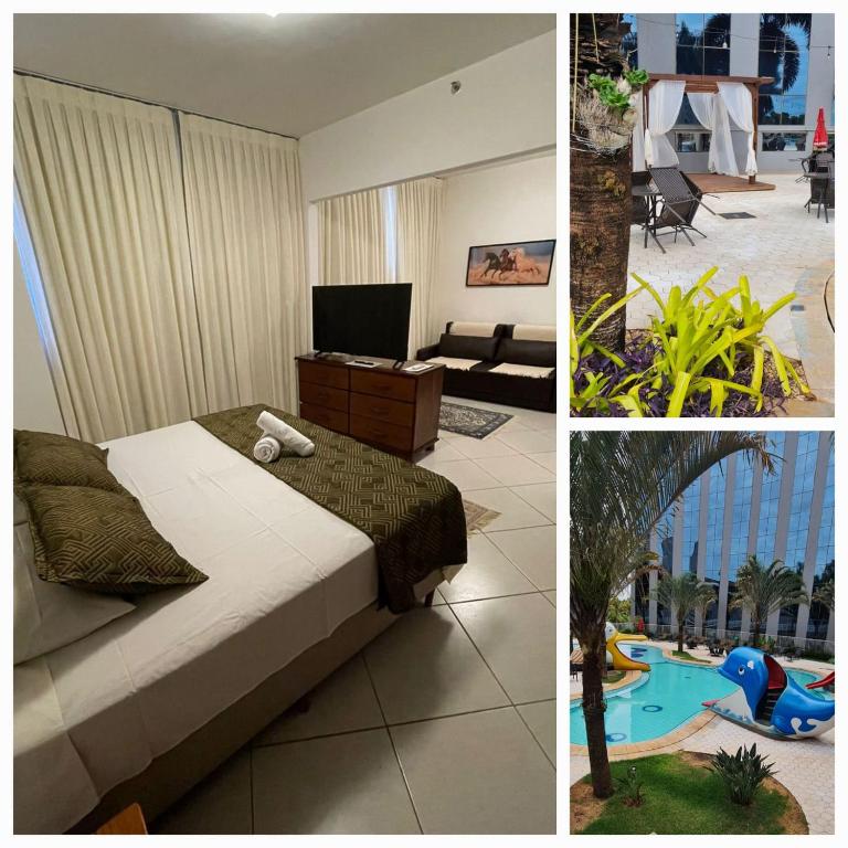 a bedroom with a bed and a room with a pool at Thermas Park CondoHotel - Parque do Peão in Barretos