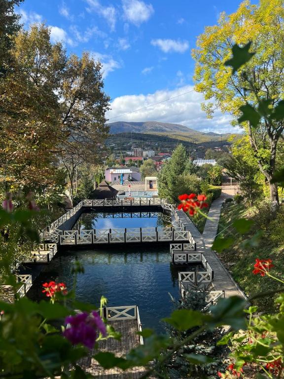 a view of a river with a bridge and flowers at Kateryna in Polyana