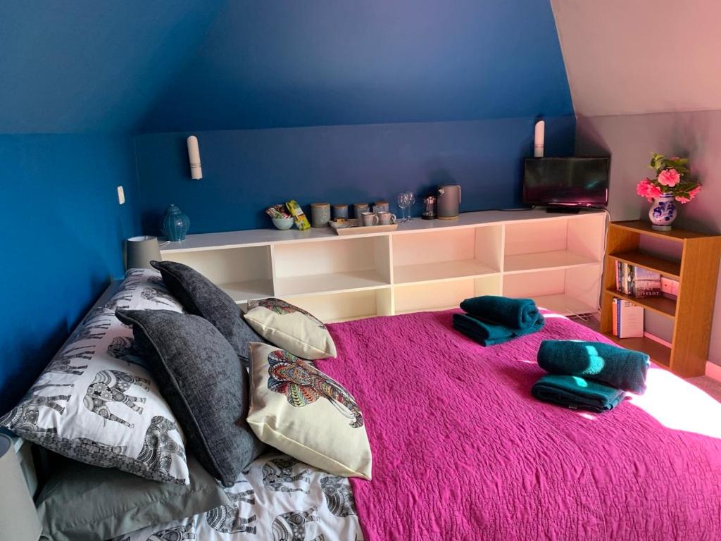 a bedroom with a large bed with a pink rug at Silverspring Farm En suite in Constantine