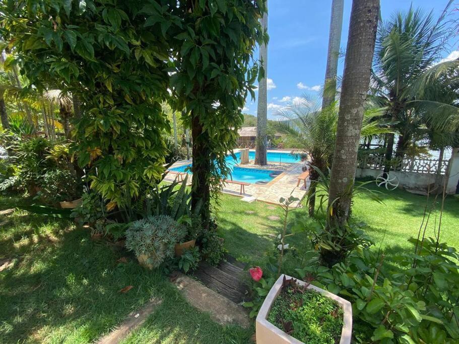 Rancho Lindas Aguas Carmo do Rio Claro في كارمو دو ريو كلارو: ساحة بها حوض سباحة مع أشجار ونباتات