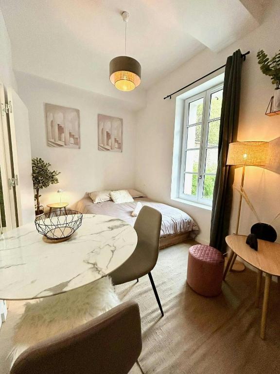 un salon avec une table et un lit dans l'établissement Ô Berges Garonne, à Toulouse