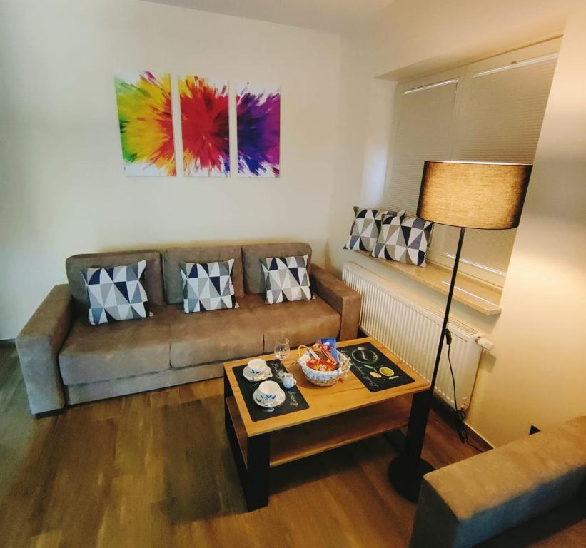a living room with a couch and a table at Apartament Astra - Bliżej Zdroju in Polanica-Zdrój