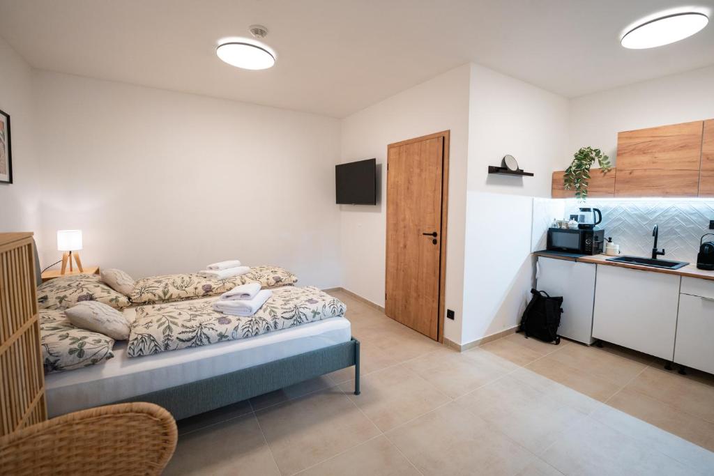 En eller flere senger på et rom på Apartmány V zahradě