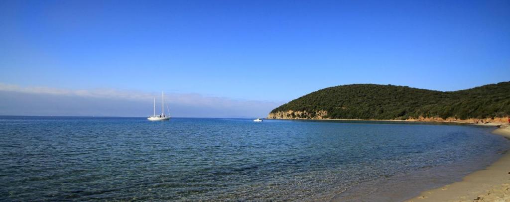 a large body of water with a sail boat in it at Appartamenti Pian d'Alma in Punta Ala