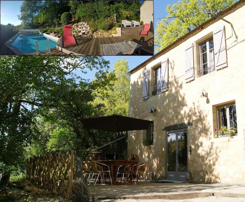 deux photos d'une maison avec une table et un parasol dans l'établissement Maison Marianne et sa Piscine dans le Périgord, à La Bachellerie