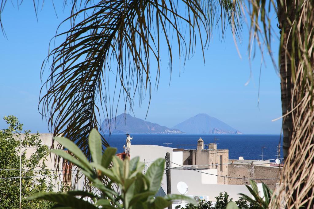 a view of the ocean from a palm tree at Casa Pompelmo in Lipari
