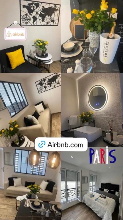 un collage de quatre photos d'un salon dans l'établissement Appartement de Brigitte, à Paris