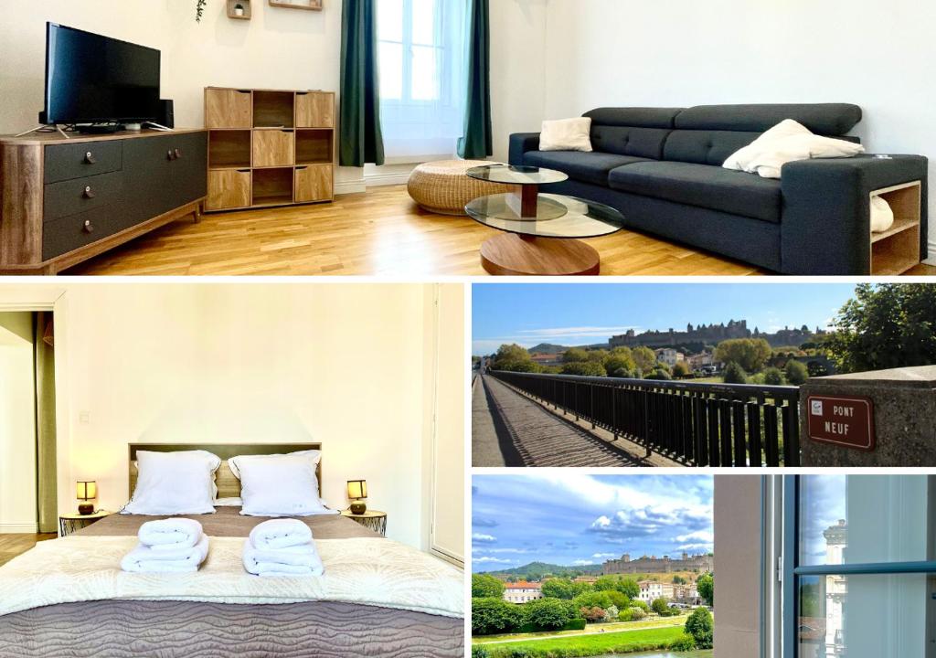 une chambre avec un lit, un canapé et une télévision dans l'établissement Chez Pierrot - Pont-Neuf - Vue Cité Médiévale, à Carcassonne