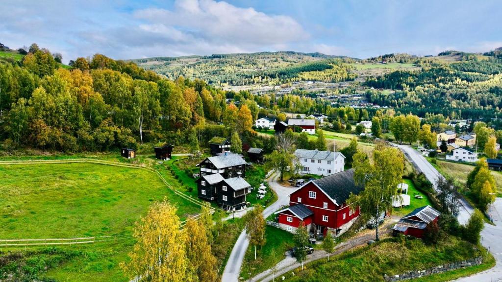 - une vue aérienne sur un petit village dans les montagnes dans l'établissement Hesla Farm, à Gol