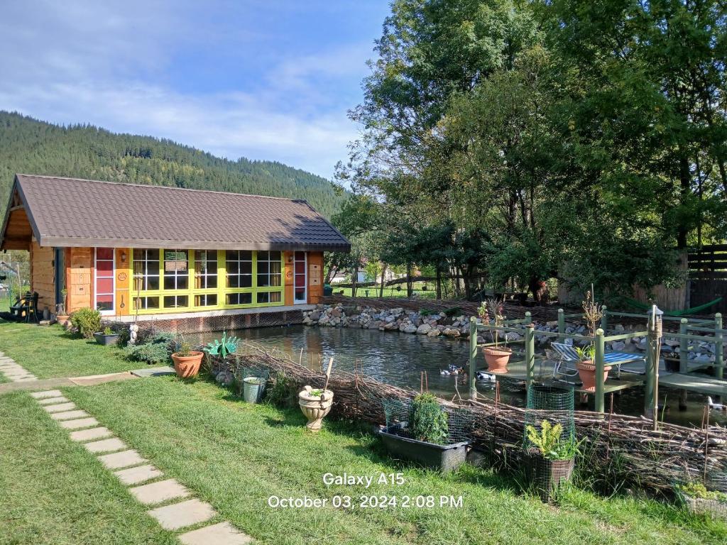 a house with a pond in front of it at Mica fermă veselă in Câmpulung Moldovenesc