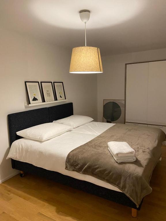 a bedroom with a large bed with a light at 3 BR Duplex in Wiedikon in Zurich