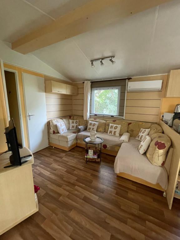 un salon avec un canapé et une télévision dans l'établissement Coquet mobilehome 8 places, à Puget-sur Argens